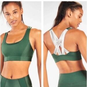 Fabletics‎ Paige shimmer green and silver cross back low impact Sports bra